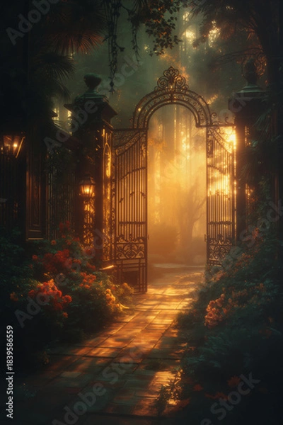 Fototapeta Gates of the Verdant Dawn. Generative AI
