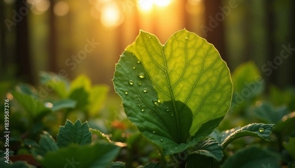 Fototapeta Closeup of green leaf with water droplets in sunlight forest  