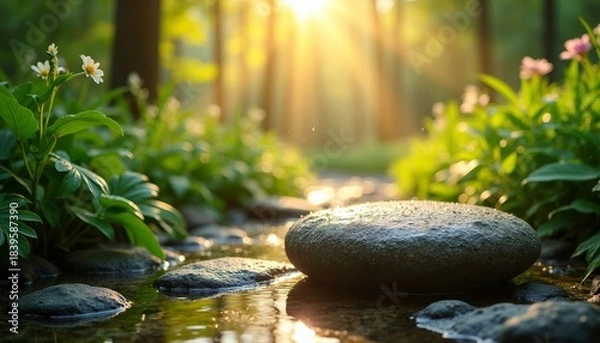 Fototapeta Tranquil stream with smooth stones and wildflowers in sunlight  