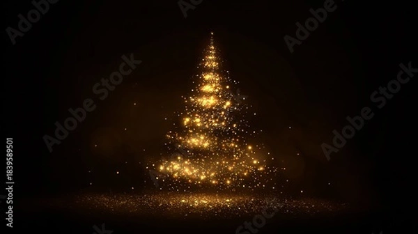 Obraz Glowing Christmas tree vector made from golden lights on transparent background.
