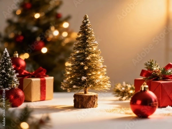 Fototapeta Christmas background, Christmas tree decorations and candle on light background.