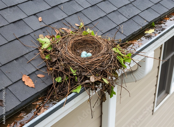 Fototapeta Nest with blue eggs on a rooftop surrounded by fallen leaves  