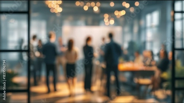 Obraz Blurred networking event through window