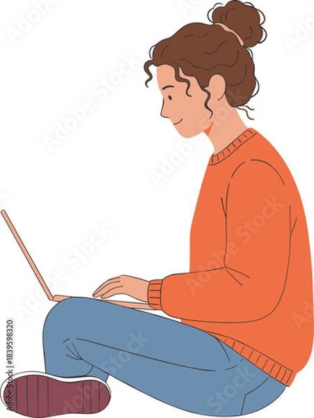 Obraz Person using laptop illustration, cross-legged casual pose, remote work concept, cozy tech lifestyle, vector art, modern digital activity