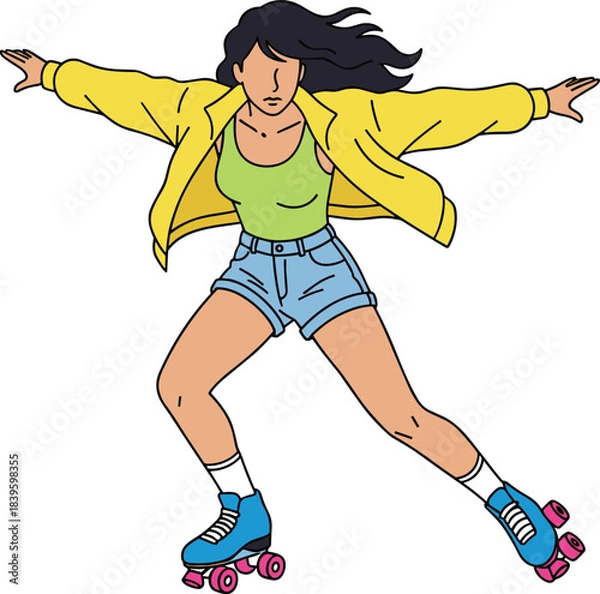 Obraz Roller skating character illustration, dynamic motion pose, active lifestyle design, retro outfit, vector art, fun sport concept