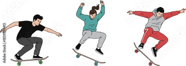 Obraz Skateboarding trick illustration, dynamic motion pose, street sport design, airborne skaters, vector art, urban activity concept, stylish action