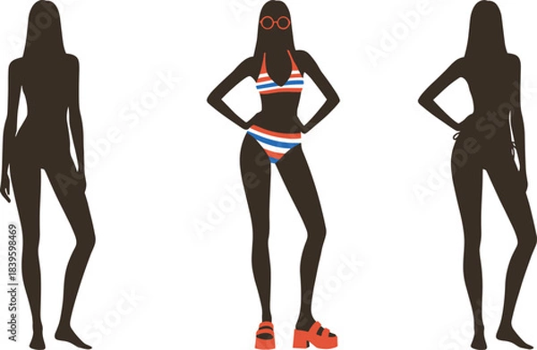 Obraz Summer fashion character illustration, bikini and sunglasses style, silhouette comparison design, vector art, beachwear concept, bold pose
