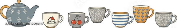 Obraz Teacup and teapot illustration, ceramic kitchenware design, cozy beverage set, artistic mug collection, vector home decor, warm drink concept