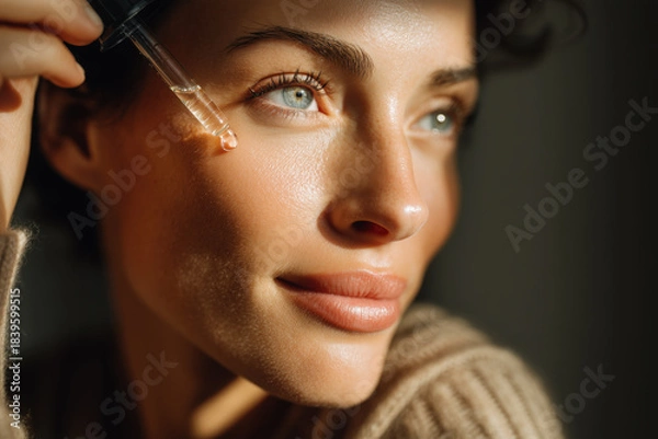 Obraz Woman applies serum to her face in soft light during a skincare routine in a cozy indoor setting