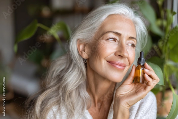 Obraz Woman holding a bottle and smiling while sitting near plants in a bright room with soft lighting