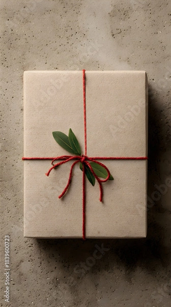 Obraz Minimalist eco-friendly Christmas gift box wrapped in kraft paper on textured background