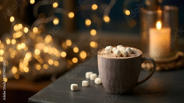 Obraz Atmospheric warm hot chocolate with marshmallows and fairy light bokeh