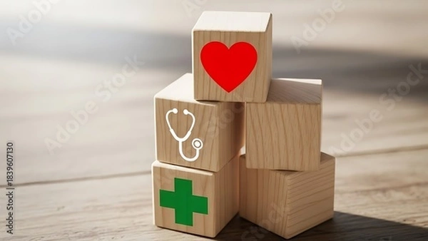 Fototapeta Stacked Health Blocks: Symbolizing Healthcare, Wellbeing, and the Importance of Health Resources and Support