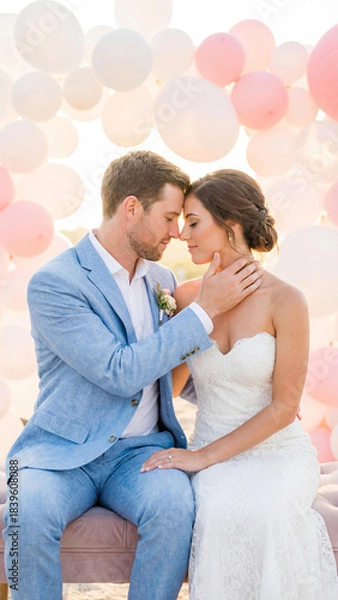 Fototapeta Bride in white lace gown and groom in blue suit sit close with foreheads touching. Surrounded by pastel balloons, they share an intimate moment of love and commitment on their wedding day.