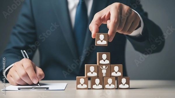 Fototapeta Leadership Hierarchy: Building a Team with Wooden Blocks and Person Icons for Human Resources