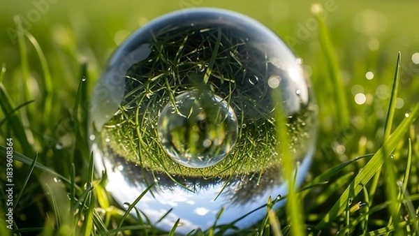 Fototapeta Macro Shot of a Clear Crystal Ball Reflecting Vibrant Green Grass and Distorted Sky
