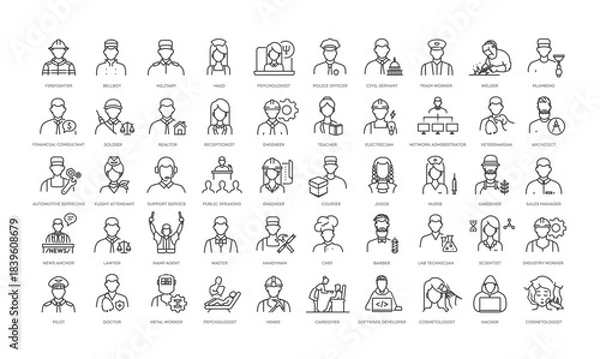 Obraz Professions and Occupations Thin Line Vector Icons Set