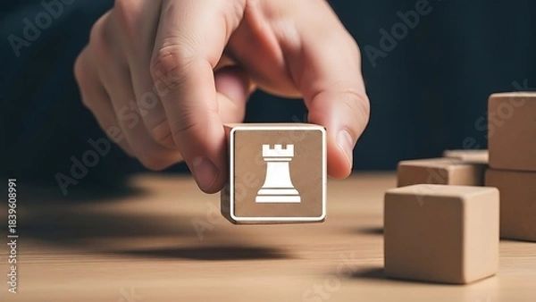 Fototapeta Strategic Rook Placement: Hand Positioning Chess Piece on Wooden Block Game Strategy Board