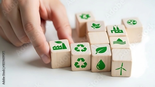 Fototapeta Sustainable Business Practices: Wooden Blocks with Eco-Friendly Symbols representing Environmental Awareness and Corporate Responsibility
