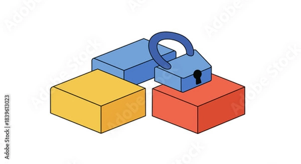Fototapeta Secure data storage concept with blocks and padlock illustration.