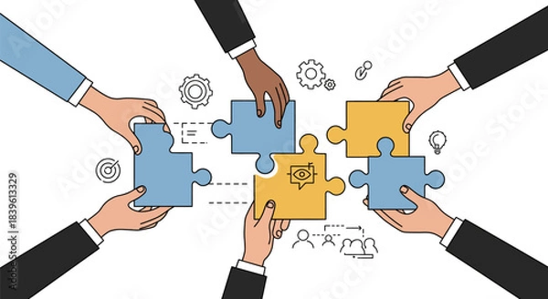 Fototapeta Teamwork and collaboration concept with hands assembling puzzle pieces.
