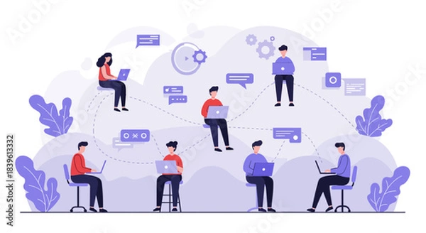 Fototapeta Team of professionals working together on a project using technology.