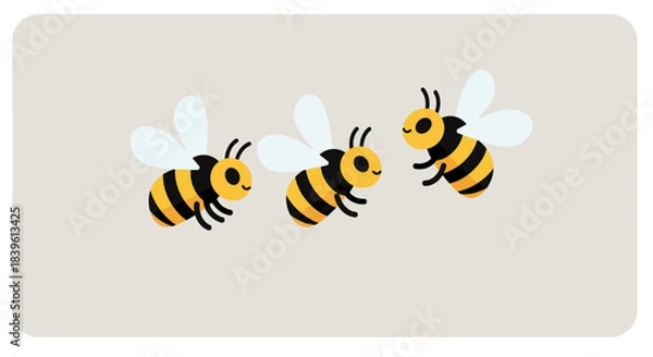 Fototapeta Three cute cartoon bees flying on a light gray background.