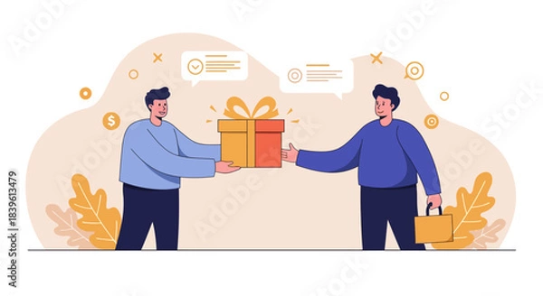Fototapeta Two Men Exchanging a Gift Box, Sharing and Giving Concept.