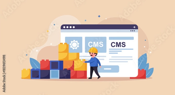 Fototapeta Website development concept with CMS and construction worker.