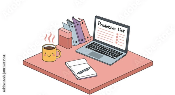 Fototapeta Workspace with laptop, coffee, notepad, and office supplies for productivity.