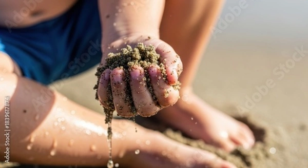 Fototapeta Child playing with wet sand on a sunny beach day