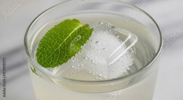 Fototapeta Refreshing lemonade drink with ice cube and mint leaf in glass