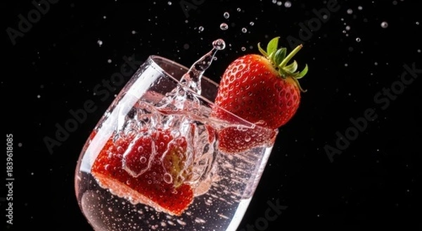 Fototapeta Fresh strawberries splashing in sparkling water against black background