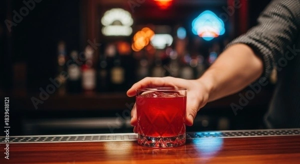 Fototapeta Young caucasian male bartender serving refreshing red cocktail in lively bar setting
