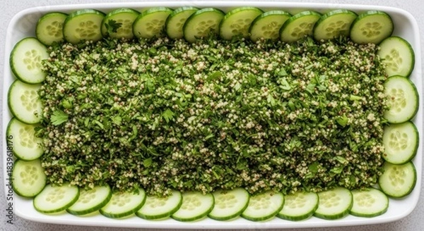 Fototapeta Fresh tabbouleh salad with quinoa, parsley, and cucumber slices in a white dish