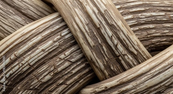 Fototapeta Close-up of intertwined wooden ropes with detailed texture and organic patterns
