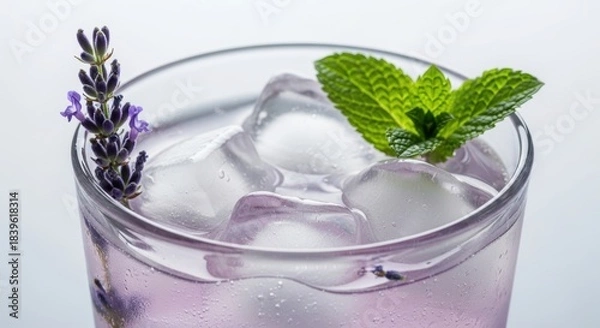 Fototapeta Refreshing lavender mint drink with ice cubes in glass