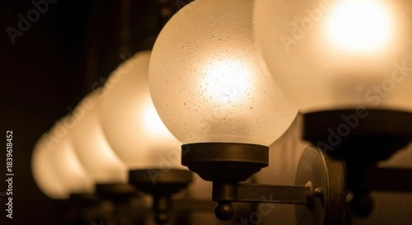 Fototapeta Warm amber glow from elegant spherical wall lamps in a dim environment
