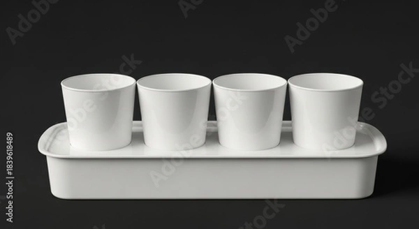 Fototapeta Set of four white ceramic cups on matching tray against dark background