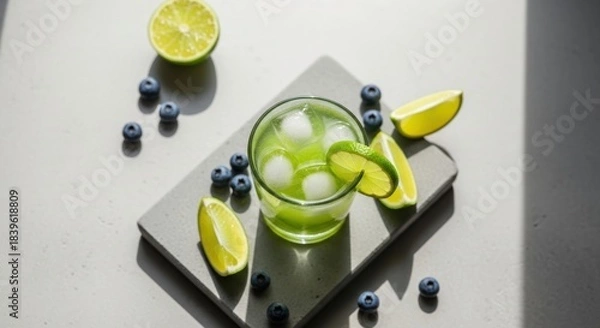 Fototapeta Refreshing lime drink with ice and blueberries on stone surface