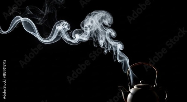 Fototapeta Steam rising from teapot against black background with elegant swirls