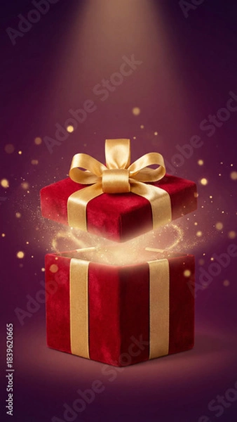 Fototapeta Red velvet gift box with golden bow glows with magical light against a purple background and sparkles. A festive concept of surprise, wonder, and celebration for holidays.