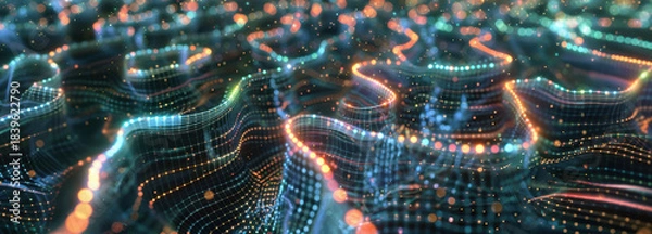 Fototapeta Abstract Technology Landscape: An artistic representation of a dynamic, interconnected technological landscape, with flowing lines and a network of data.