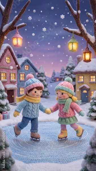 Fototapeta Two adorable knitted couple, boy and girl, toys in pastel hats and scarves ice skating together in snowy village with glowing houses and lights creating magical winter holiday scene