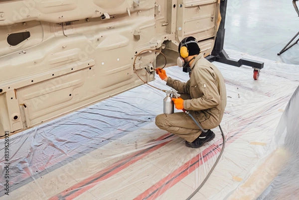 Obraz Specialist spraying anti rust sealant into the hidden chassis cavities. Protection against corrosion and internal body element sealing in a professional auto service shop