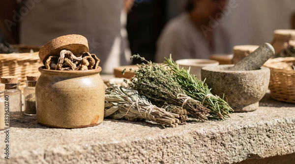 Obraz Dried herbs and mortar sit on a rustic stone market table with ceramic jars and woven baskets suggesting traditional apothecary or culinary preparation. Blurred background provides copyspace for text 