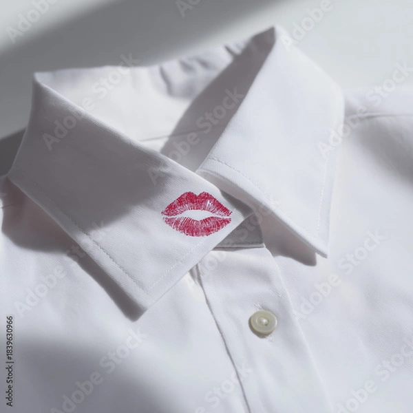 Fototapeta red lipstick kiss mark on shirt collar