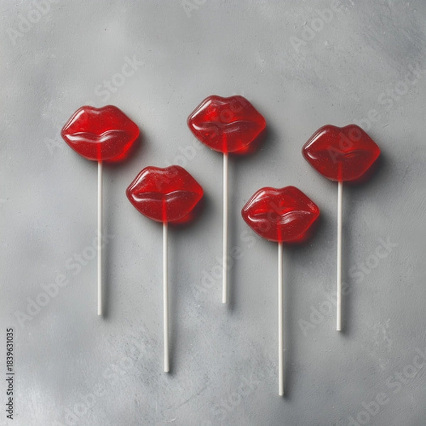 Fototapeta red lips shaped lollipops on stick