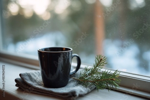Obraz Black coffee mug by a winter window