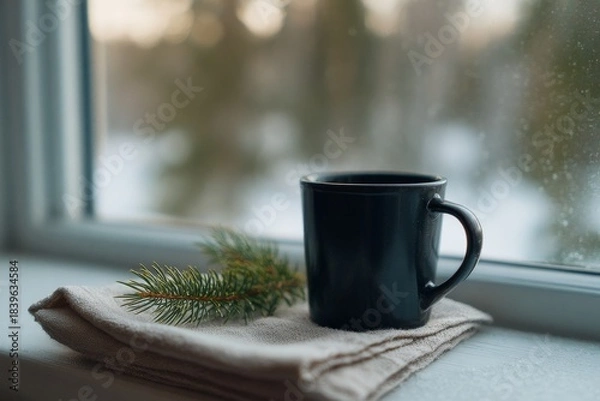 Obraz Black mug on windowsill with pine branch